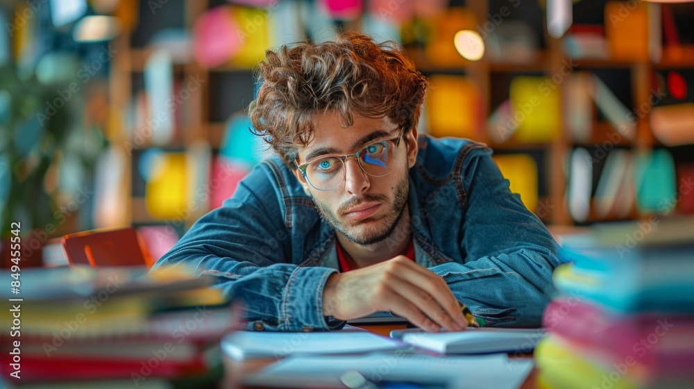 A student sitting at a desk, completing a final exam with a focused expression, surrounded by textbooks and notes, symbolizing the completion of a challenging task. A student sitting at a desk, completing a final exam with a focused expression, surrounded by textbooks and notes, symbolizing the completion of a challenging task.