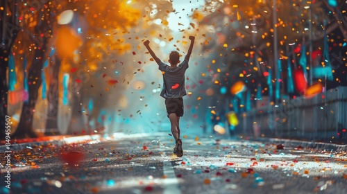 A person crossing the finish line of a marathon, with arms raised in triumph and a look of determination and accomplishment on their face. photo