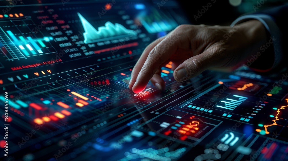 A close-up of a businessman's hand touching a digital interface displaying graphs and charts, representing the use of technology for market analysis and strategic decision A close-up of a businessman's hand touching a digital interface displaying graphs and charts, representing the use of technology for market analysis and strategic decision