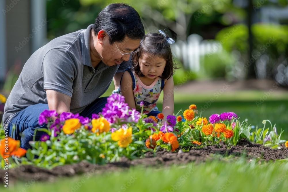 Father and Daughter Bonding While Planting Colorful Flowers in Garden . Father and Daughter Bonding While Planting Colorful Flowers in Garden .