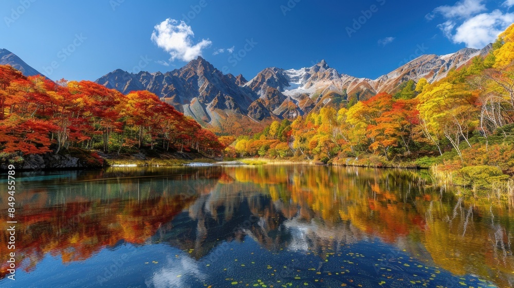 Obraz premium A picturesque scene of a mountain landscape in autumn, with vibrant fall foliage covering the hillsides. The clear blue sky contrasts with the golden and red leaves, while a calm river meanders