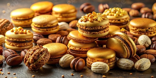 Delicious assortment of golden sweet treats including macarons, truffles, and caramelized nuts, desserts, candy, golden photo
