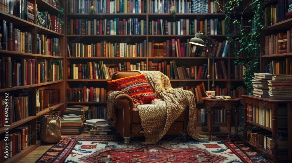 An inviting reading nook featuring a comfy armchair surrounded by bookshelves filled with a variety of books. The space is lit by a gentle floor lamp and complemented by a knitted throw and a fluffy An inviting reading nook featuring a comfy armchair surrounded by bookshelves filled with a variety of books. The space is lit by a gentle floor lamp and complemented by a knitted throw and a fluffy