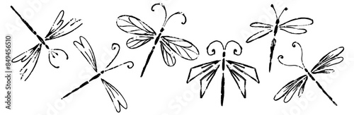 Set of texture doodles of decorative insects dragonflies.Vector graphics.