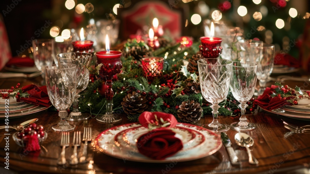 A festive holiday table setting ready for a Christmas feast. The table is elegantly decorated with a red and green color scheme, featuring a centerpiece of pine cones, holly, and candles. Each place A festive holiday table setting ready for a Christmas feast. The table is elegantly decorated with a red and green color scheme, featuring a centerpiece of pine cones, holly, and candles. Each place