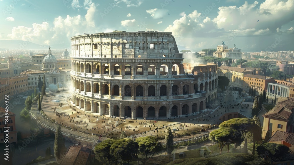 Fototapeta premium The Colosseum in Rome transformed into a contemporary architectural masterpiece. The ancient structure is rendered with smooth concrete and glass, maintaining its iconic shape while showcasing a