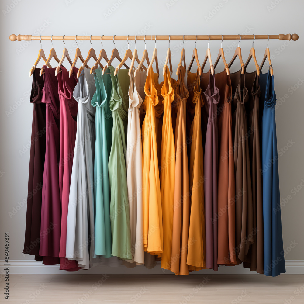 Una hilera de ropa colgada en un perchero, con variedad de colores y estilos. La ropa está bien organizada en tienda de ropa o un guardarropa. Una hilera de ropa colgada en un perchero, con variedad de colores y estilos. La ropa está bien organizada en tienda de ropa o un guardarropa.