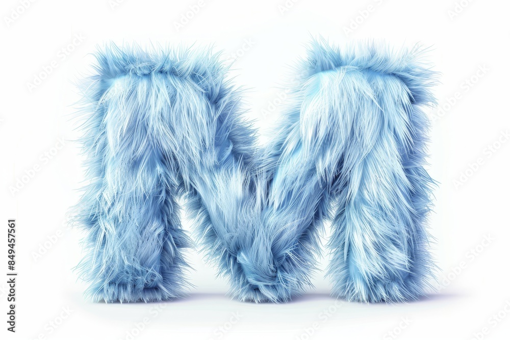 The letter M is made of blue fur and has a fluffy texture The letter M is made of blue fur and has a fluffy texture