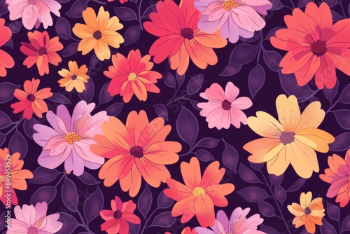 Wallpaper Mural Floral Pattern with Orange, Pink, and Yellow Flowers Torontodigital.ca
