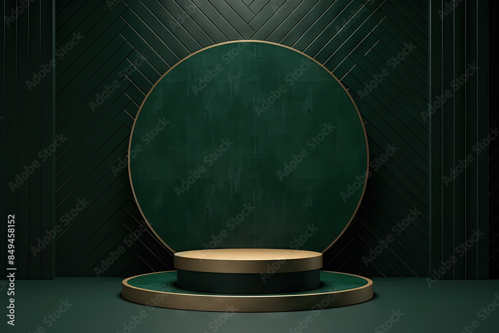 Pedestal in the room in green and gold colors with geometric shapes. Podium for product showcase with golden geometry.