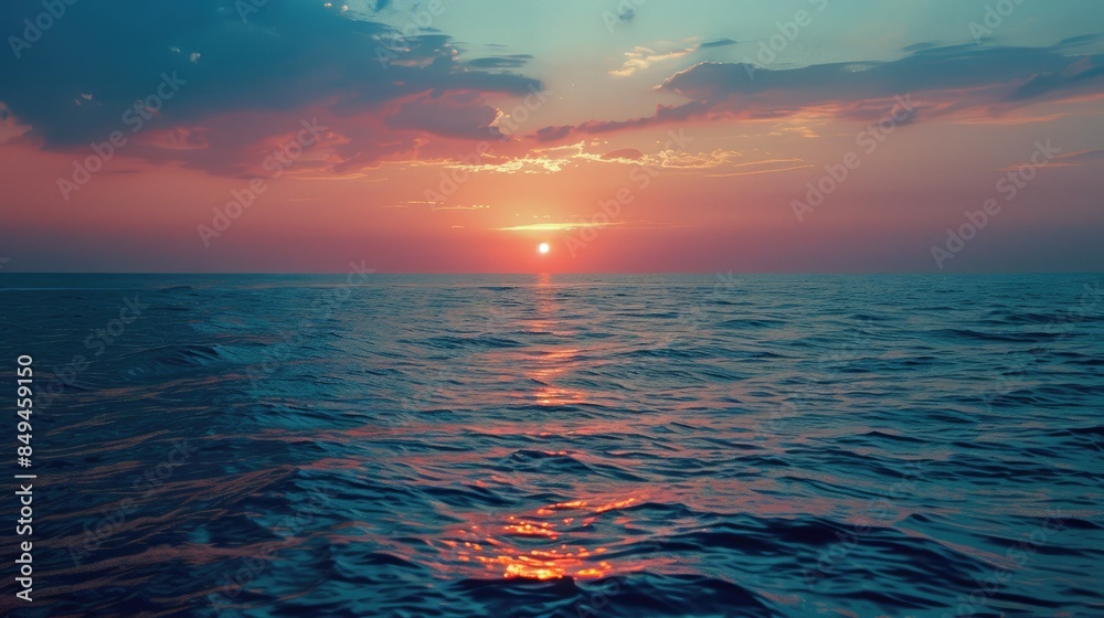 Obraz premium A realistic photograph of the beautiful red sunset over the blue sea on the twilight time