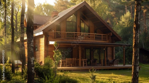 Wooden house with a veranda chairs on it located among trees a natural landscape in the rays of the rising morning Rest outside the city unity with nature ecoestate purchase of real es : Generative AI photo