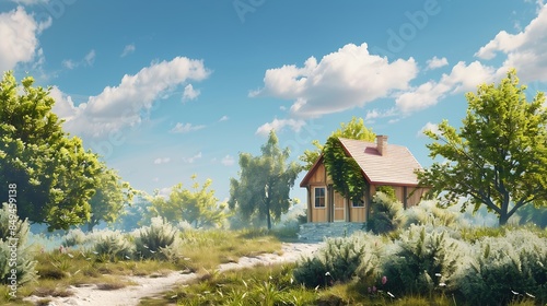 A small barnhouse house on a plot with a path trees and bushes under a blue sky : Generative AI photo