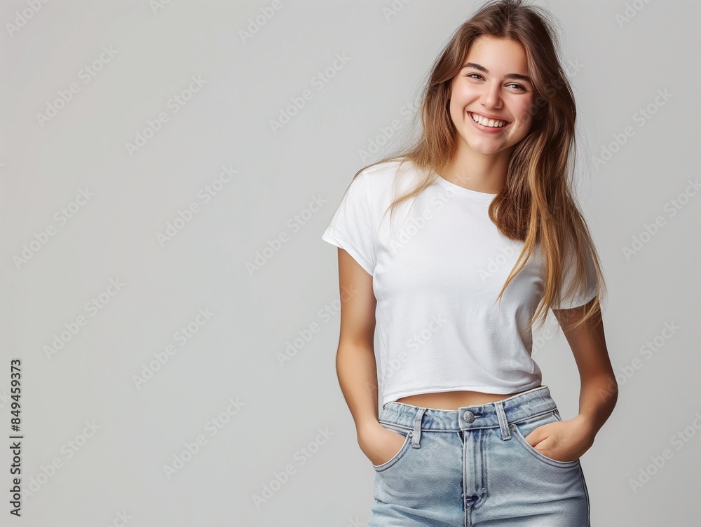 Portrait of beautiful woman in jeans and T-shirt hold hands in pockets. Caucasian female model with long hair isolated Portrait of beautiful woman in jeans and T-shirt hold hands in pockets. Caucasian female model with long hair isolated
