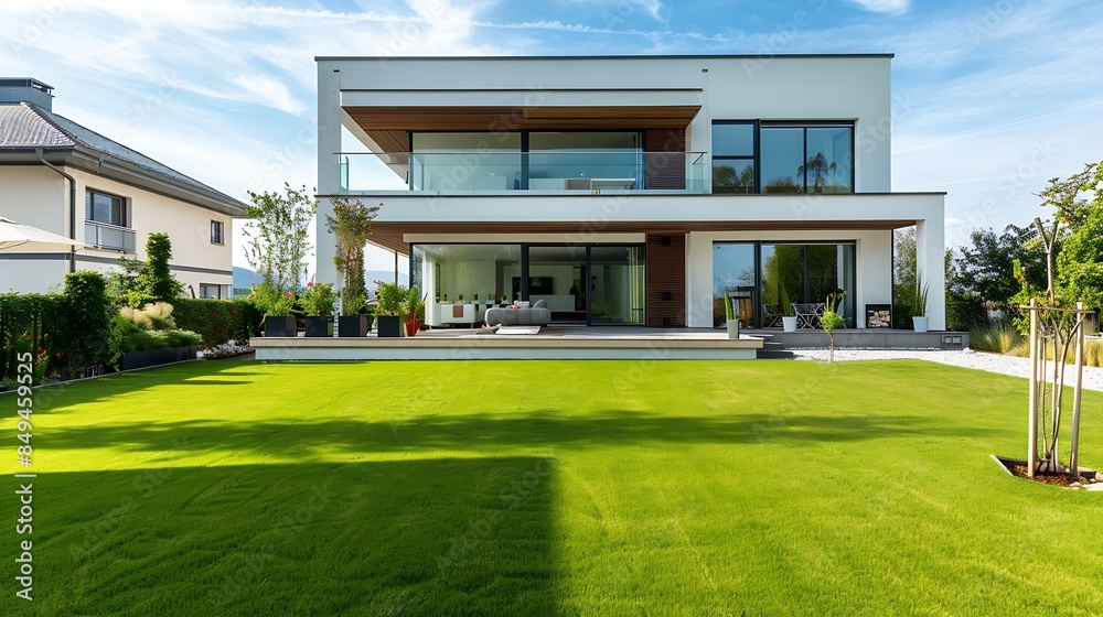 Beautiful modern house exterior with green grass : Generative AI
