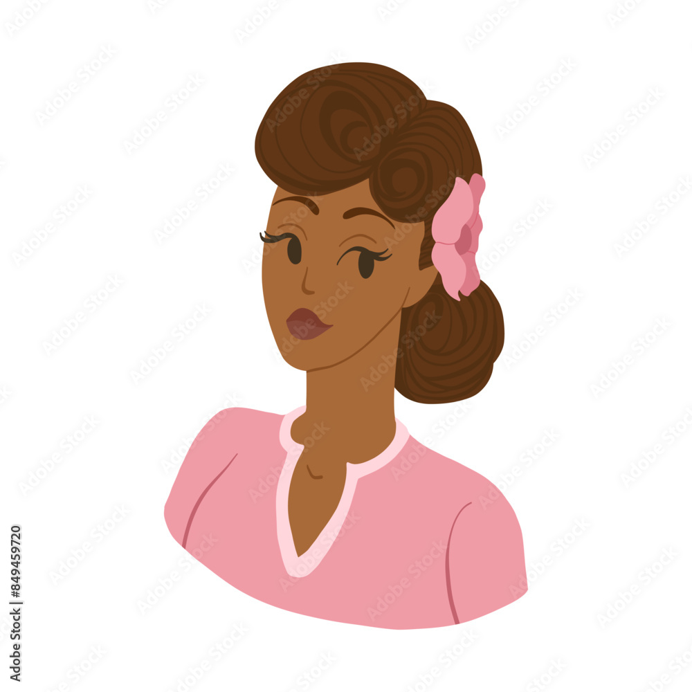 Retro afro american woman in flat colorful style. Cartoon illustration with 50s haircut. Hand drawn vector illustration. Design for beauty salon, cosmetic products, print, web. Retro afro american woman in flat colorful style. Cartoon illustration with 50s haircut. Hand drawn vector illustration. Design for beauty salon, cosmetic products, print, web.