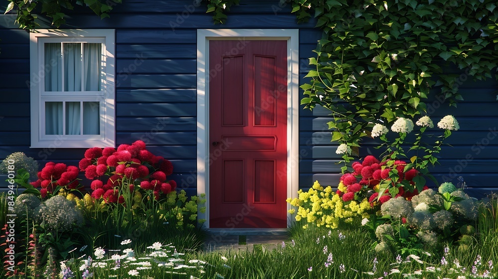 A red door on a wooden navy blue house with white trim The cottage has lush greenery around the entrance Red yellow pink and white colored flowers hydrangea shrubs and green grass in f : Generative AI A red door on a wooden navy blue house with white trim The cottage has lush greenery around the entrance Red yellow pink and white colored flowers hydrangea shrubs and green grass in f : Generative AI