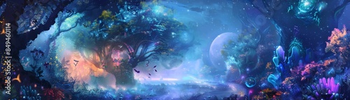 A mystical and vibrant fantasy forest scene with glowing flora, luminescent trees, and a distant crescent moon in a magical night sky. © Parintron