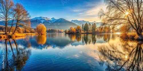A peaceful lake surrounded by winter trees, bathed in warm sunshine, with a view of the distant mountains , background, sunshine photo