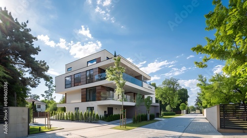Contemporary multistorey house exterior against trees with pavement under blue sky : Generative AI photo