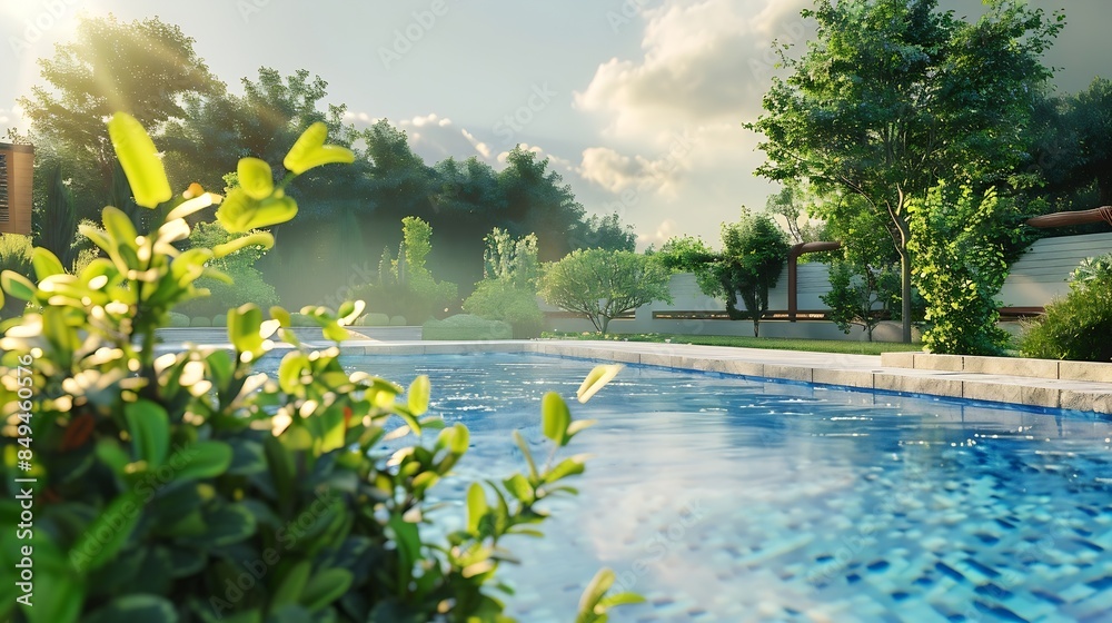 Fototapeta premium a home with a swimming pool and greenery : Generative AI