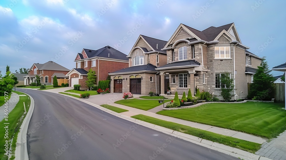 A perfect neighborhood Houses in suburb at summer in the north America Real Estate Exterior Front Houses Big custom houses with nicely landscaped front yard and driveway to garage in t : Generative AI A perfect neighborhood Houses in suburb at summer in the north America Real Estate Exterior Front Houses Big custom houses with nicely landscaped front yard and driveway to garage in t : Generative AI