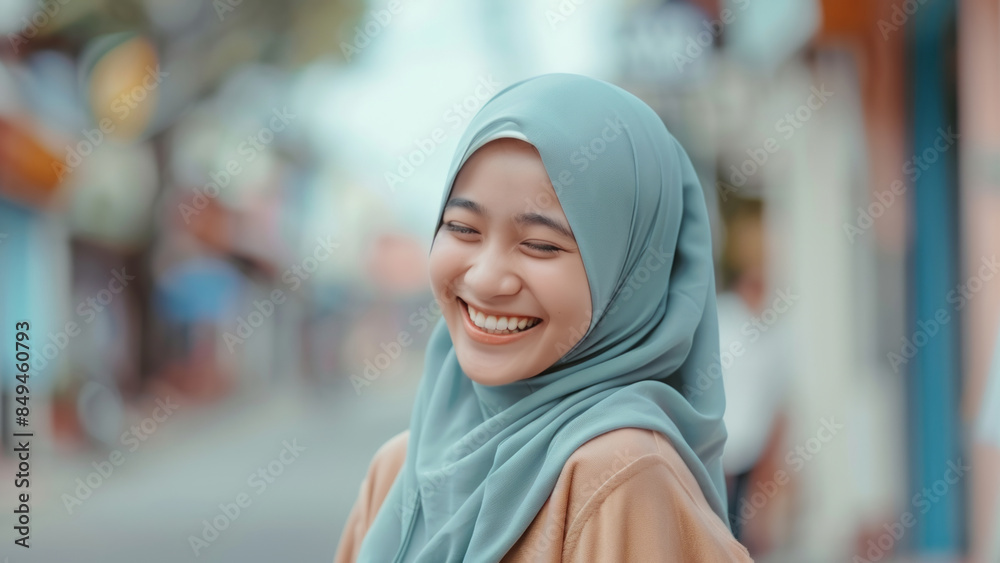 Smiling young Muslim woman in a light blue hijab standing on a colorful street with a blurred background. Smiling young Muslim woman in a light blue hijab standing on a colorful street with a blurred background.