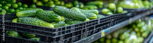 Crates filled with fresh cucumbers on store shelves, detailed view of the green vegetables and the black plastic containers, welllit grocery store with a focus on the produce s texture and color, Phot photo