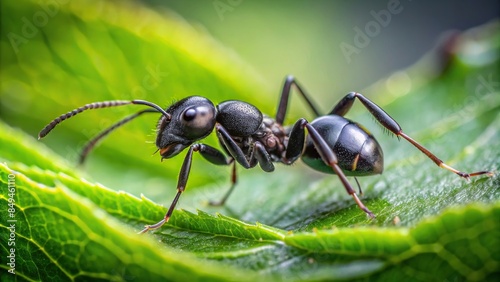 Close-up macro photo of a black ant crawling on a leaf, macro photography, insect, nature, close-up, wildlife, small, black © Sanook