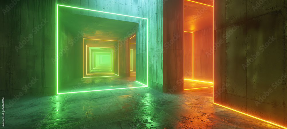 Glowing Pathways Concrete room with neon pathways in bright green and orange, leading to different sections. Glowing Pathways Concrete room with neon pathways in bright green and orange, leading to different sections.