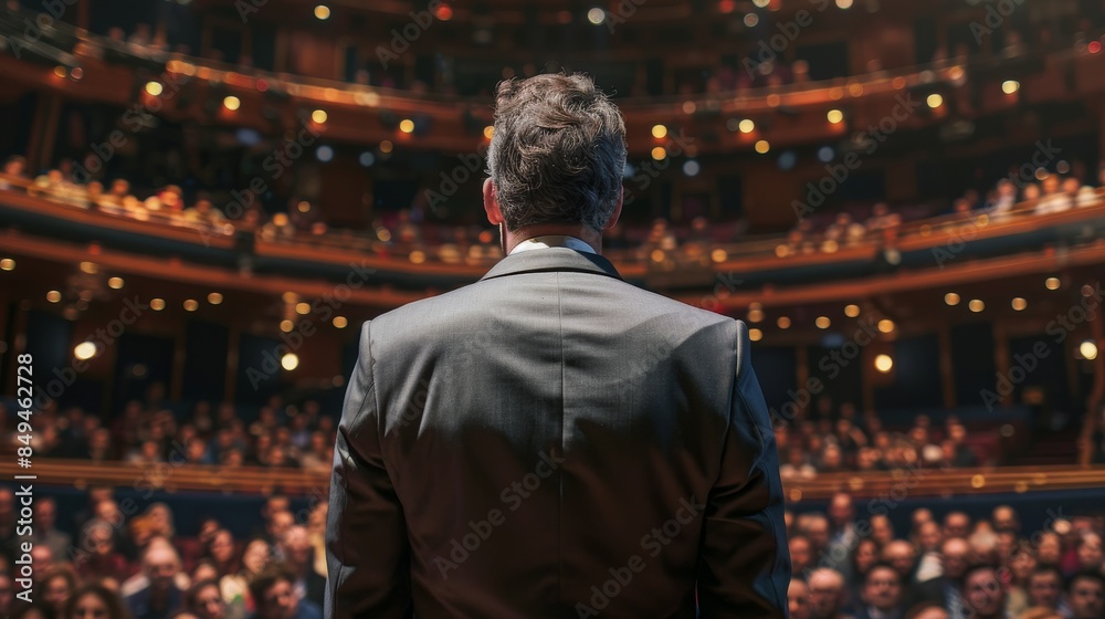 Businessman addressing a large audience in a grand theater, detailed view from behind, emphasizing the speaker's confident posture and the audience's engagement Businessman addressing a large audience in a grand theater, detailed view from behind, emphasizing the speaker's confident posture and the audience's engagement
