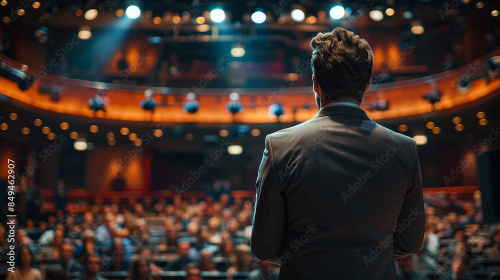 Businessman delivering a powerful speech in a crowded theater, viewed from behind, capturing the atmosphere of influence and public speaking Businessman delivering a powerful speech in a crowded theater, viewed from behind, capturing the atmosphere of influence and public speaking