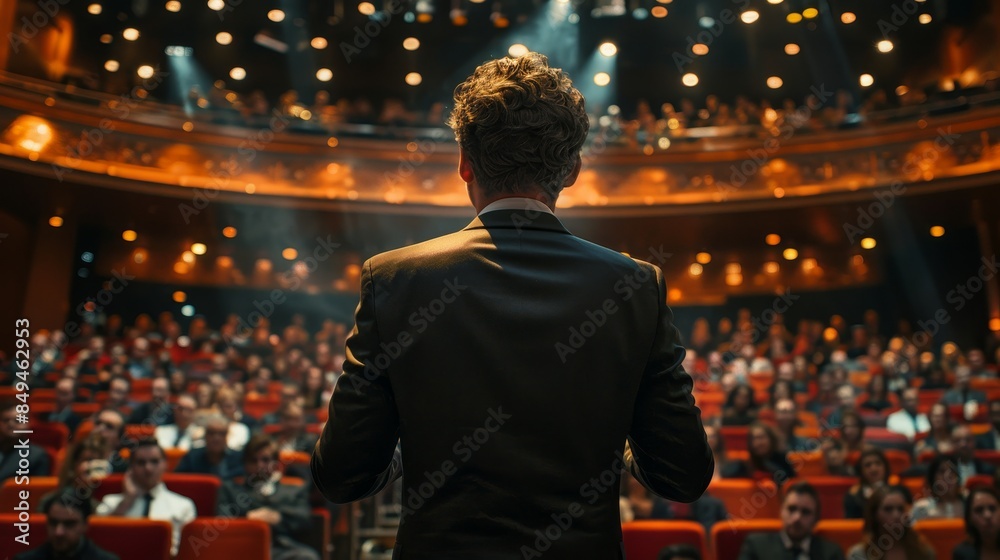Fototapeta premium Businessman delivering a powerful speech in a crowded theater, viewed from behind, capturing the atmosphere of influence and public speaking