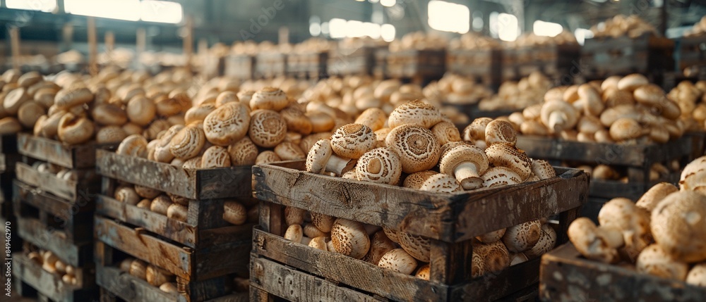 Crates of mushrooms piled in a large warehouse, closeup showing the detailed texture of the mushrooms and the rustic wooden crates, bright and organized setting, Photorealistic, Highresolution 8K , hi Crates of mushrooms piled in a large warehouse, closeup showing the detailed texture of the mushrooms and the rustic wooden crates, bright and organized setting, Photorealistic, Highresolution 8K , hi
