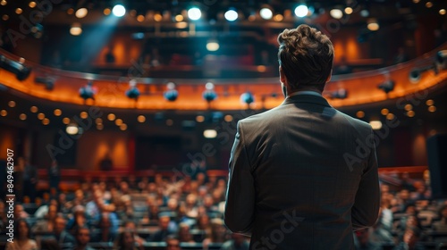Businessman delivering a powerful speech in a crowded theater, viewed from behind, capturing the atmosphere of influence and public speaking