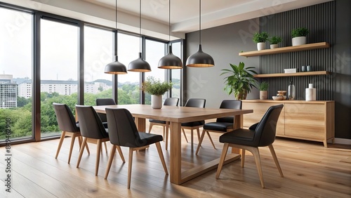 Modern dining room with a wooden table and black chairs , dining room, modern, design, wooden table © wasana