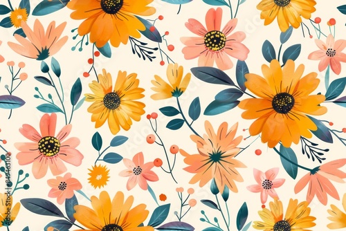 Wallpaper Mural Seamless Floral Pattern with Orange and Peach Flowers Torontodigital.ca