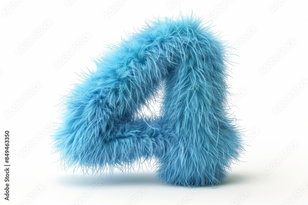 The number 4 is made of blue, fluffy material The number 4 is made of blue, fluffy material