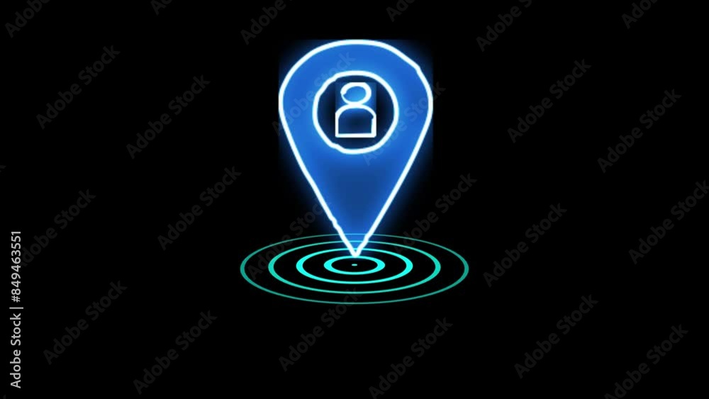 neon location icon and teal color radio wave animated on black screen. neon location icon and teal color radio wave animated on black screen.