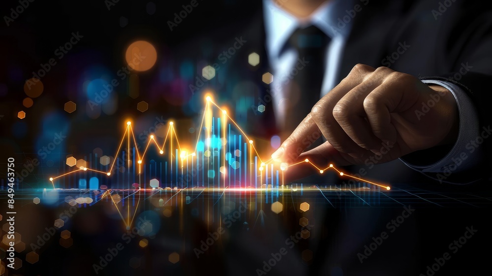 Close-up of a businessman's hand highlighting a digital financial chart ...
