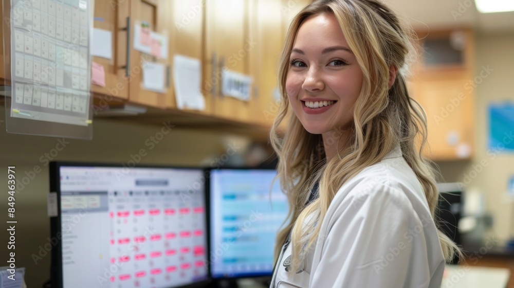 Smiling Caucasian female receptionist in her 20s at a clinic, managing an appointment calendar on her computer Smiling Caucasian female receptionist in her 20s at a clinic, managing an appointment calendar on her computer