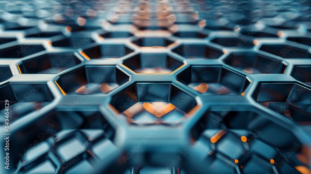 Fototapeta premium Close-up of a modern, geometric hexagon metal grid structure with a sleek design, highlighting industrial and architectural elements