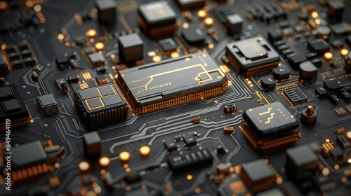 Close-up of a high-tech circuit board, showcasing detailed gold pathways and sleek black components, representing cutting-edge technology