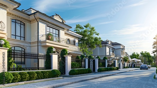Wallpaper Mural Fence of house at street with pavement road Suburb townhouse building Exterior Villa design Garden in luxury apartments Fence and facade of house House Exterior at coast Car on parking : Generative AI Torontodigital.ca