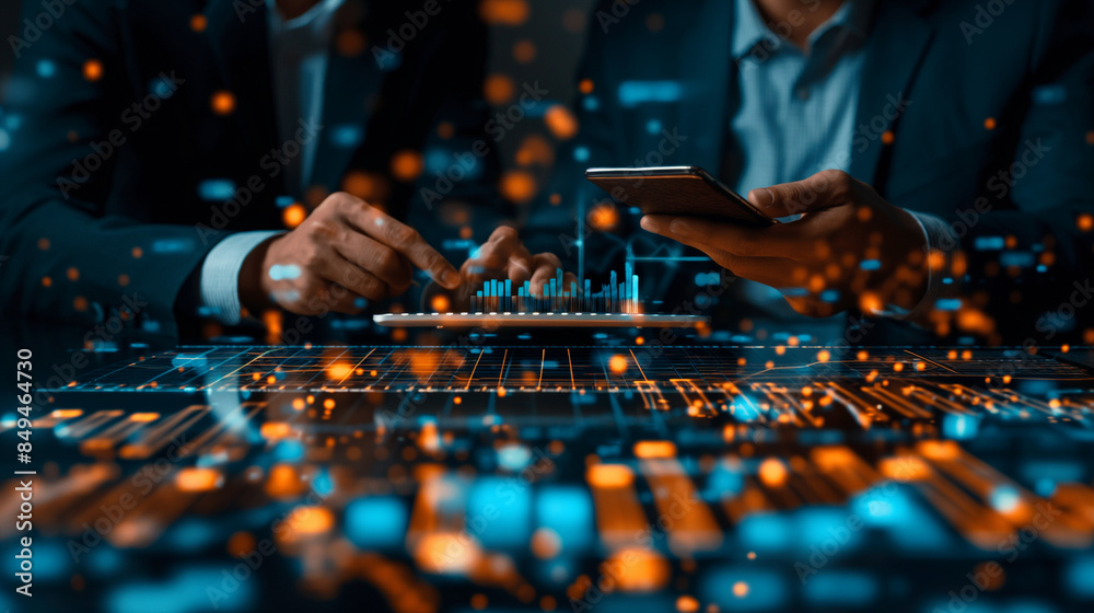 Double exposure of two businessman working on digital table and smart phone with digital marketing virtual chart, Abstract icon, Business strategy. Generative AI Illustrations.