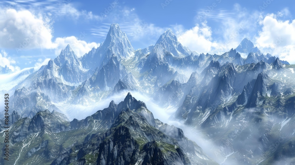 Obraz premium Misty Mountain Marvels. A Symphony of Peaks and Clouds.