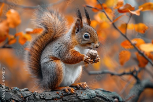 A bushy-tailed squirrel holding an acorn, sitting on a tree branch. The background shows autumn leaves in vibrant colors  © Nico