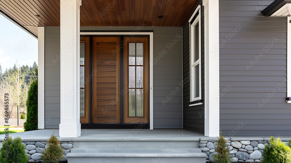 A grey modern farmhouse front door with a covered porch wood front door with glass window and grey vinyl and wood siding : Generative AI A grey modern farmhouse front door with a covered porch wood front door with glass window and grey vinyl and wood siding : Generative AI