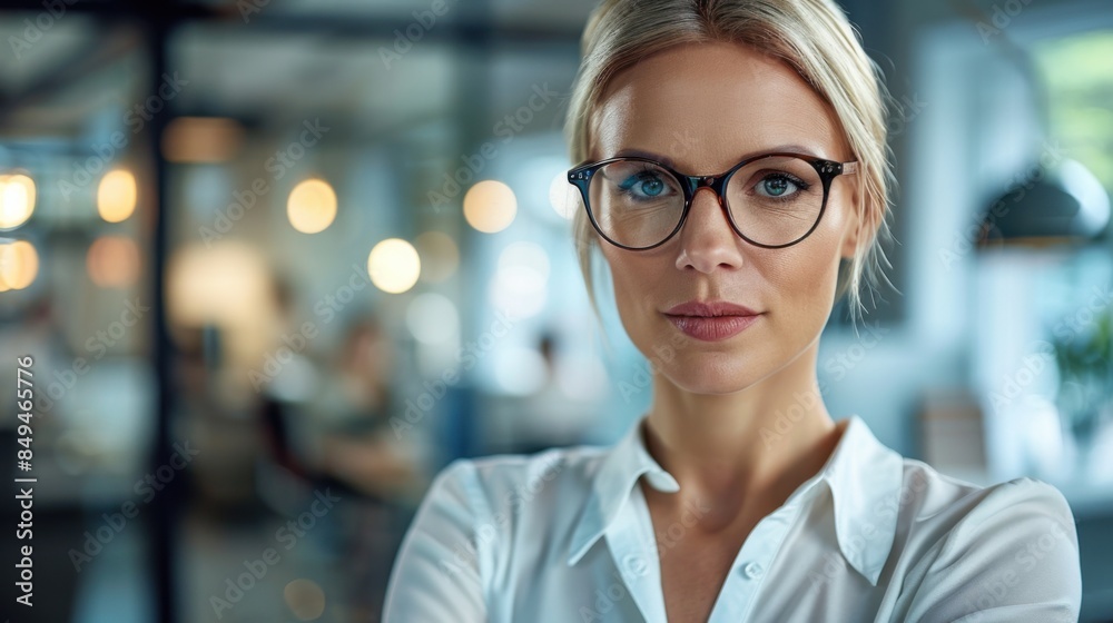 An ultra-wide shot of a confident senior businesswoman in an office setting, wearing glasses and smiling. The background shows a modern, well-lit office environment. An ultra-wide shot of a confident senior businesswoman in an office setting, wearing glasses and smiling. The background shows a modern, well-lit office environment.