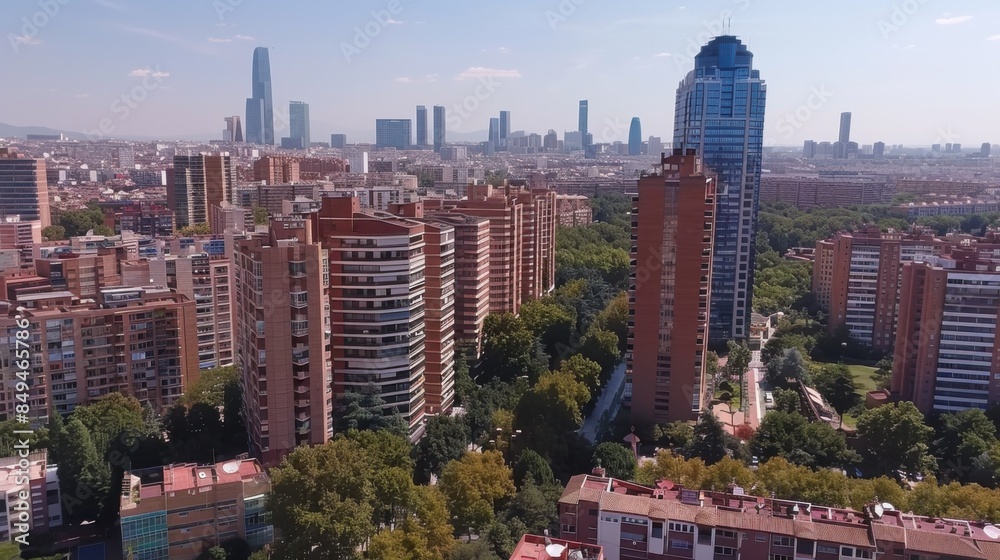 Obraz premium A captivating view of contemporary high-rise buildings in a cityscape, featuring a mix of modern skyscrapers and surrounding greenery under a clear blue sky.